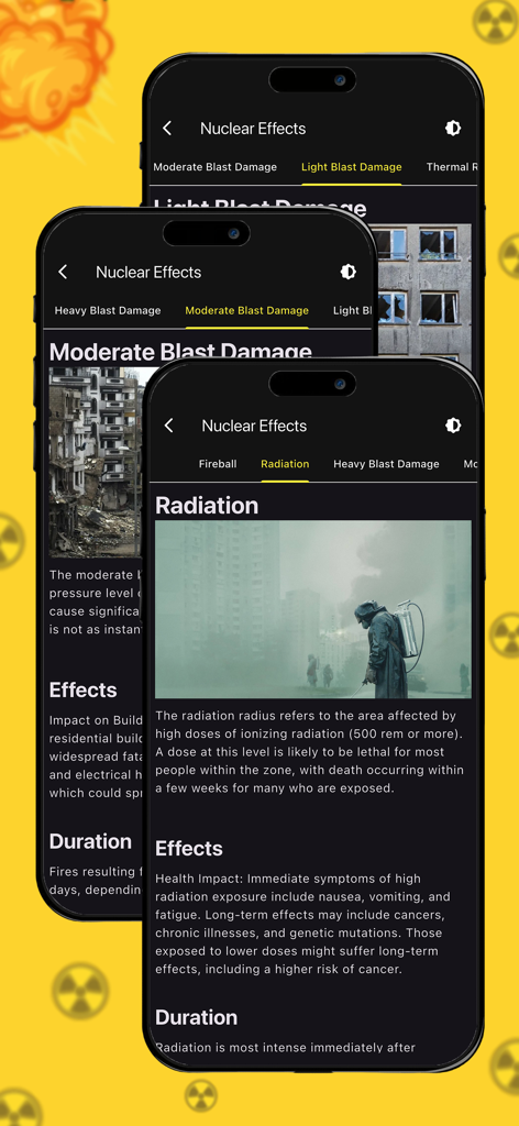 Nuke Map | Nuke Simulator - Mobile app screenshots from Nuke Map showing educational information about radiation and blast damage effects.