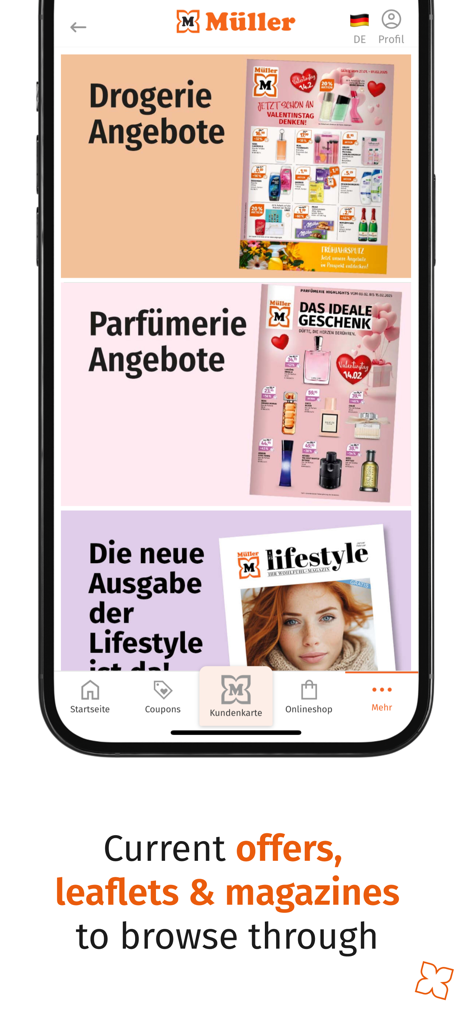 The Müller app interface displaying digital shopping leaflets and magazines.