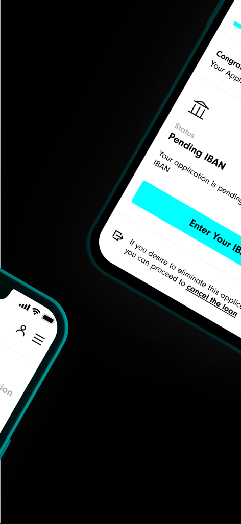 JB  Finance جيبي للتمويل - Mobile app screen for JB Finance showing a pending IBAN status for a loan application with a button to enter details.