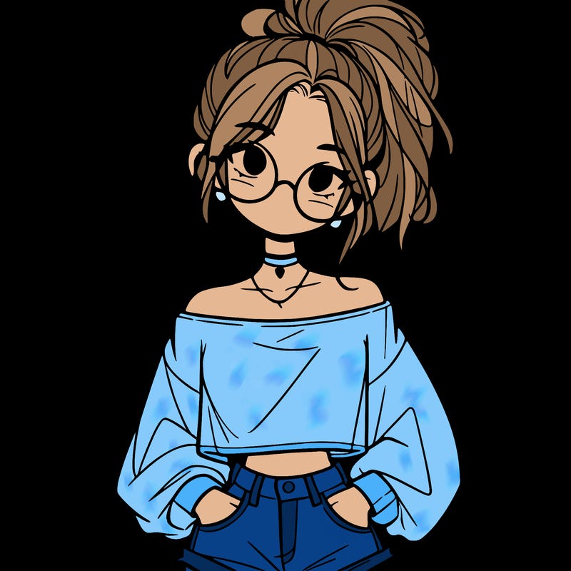 girl with a messy ponytail glasses a baggy crop top and jean shorts