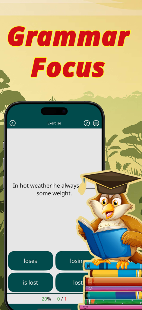 Learning English: Verbs - Captura de pantalla de una aplicación de gramática inglesa que muestra un ejercicio de tiempos verbales y una mascota búho.