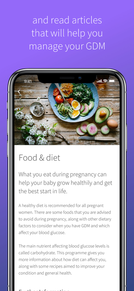 Uma tela de aplicativo móvel exibindo um artigo sobre alimentação e dieta para o gerenciamento do diabetes gestacional.