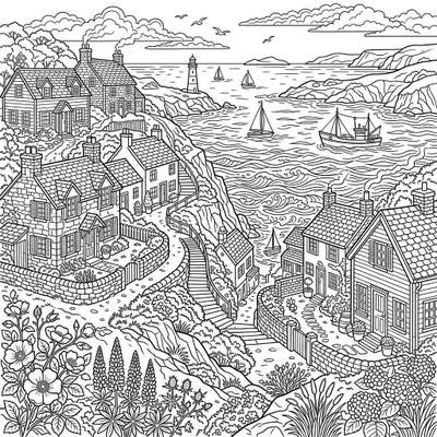 Dive into the charm of a picturesque coastal village with this detailed coloring page, perfect for teens. Featuring quaint cottages nestled along a winding seaside path, it offers an engaging creative escape.