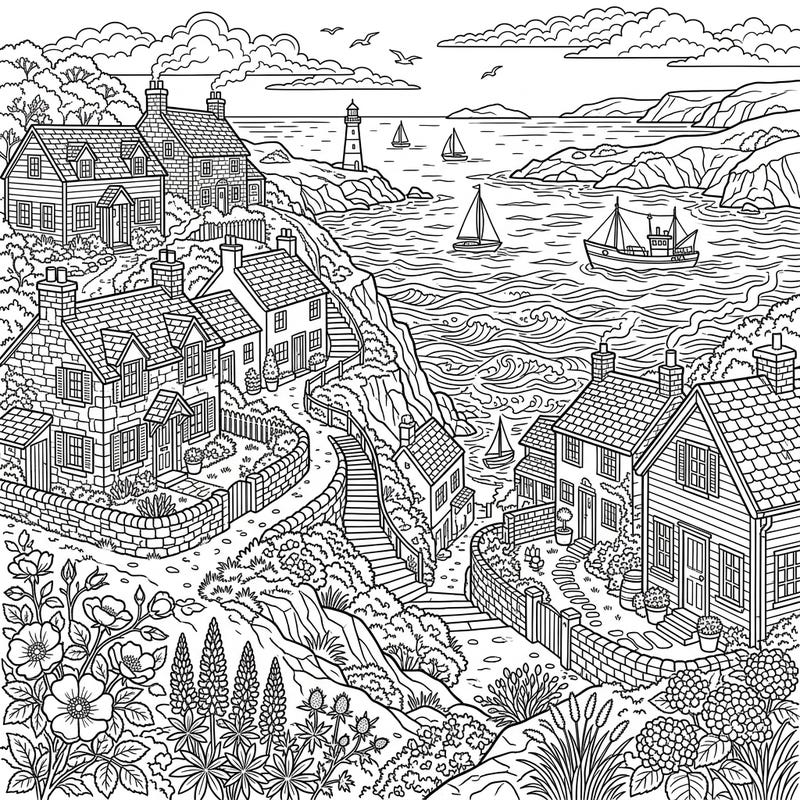 Dive into the charm of a picturesque coastal village with this detailed coloring page, perfect for teens. Featuring quaint cottages nestled along a winding seaside path, it offers an engaging creative escape.