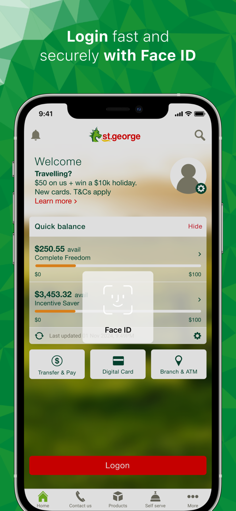 St. George Mobile Banking app login screen featuring Face ID authentication and quick balance view on an iPhone.