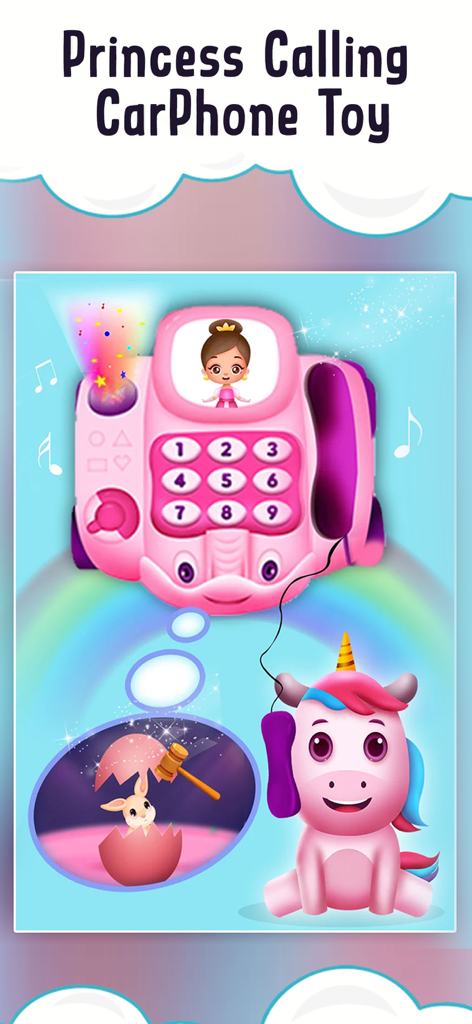 Princess Carphone Doll Games - Princess carphone toy screen with a pink unicorn and a car-shaped toy phone interface