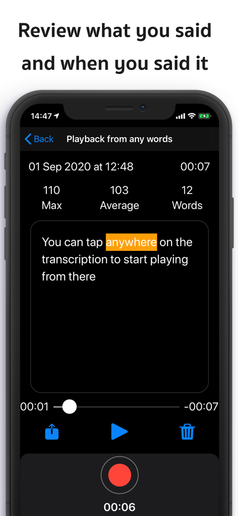 Live Transcribe: Transcrybr - Smartphone screen showing the Transcrybr app feature that allows users to tap a word in a transcription to play the corresponding audio recording