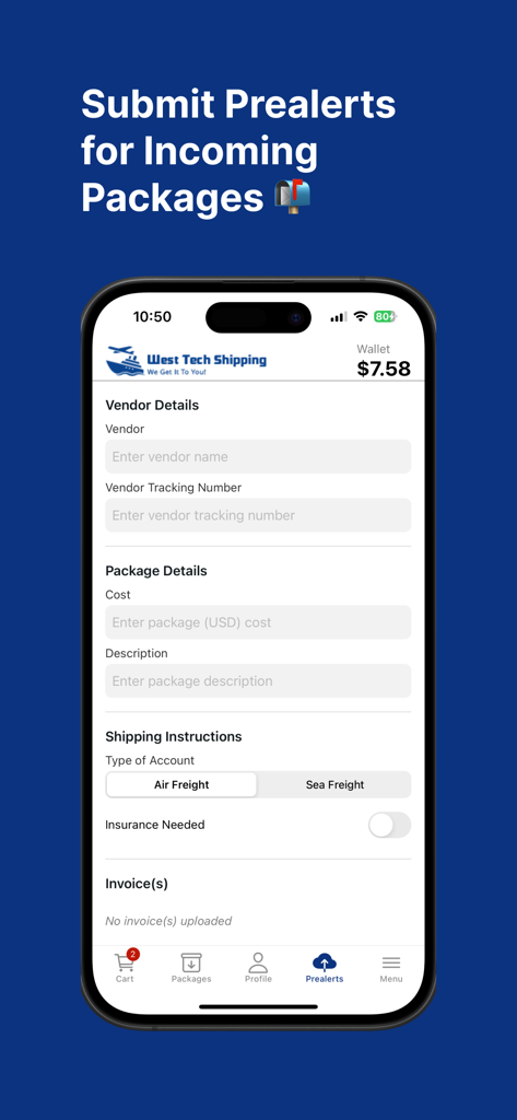 West Tech Shipping - Submit prealerts for incoming packages in the West Tech Shipping app