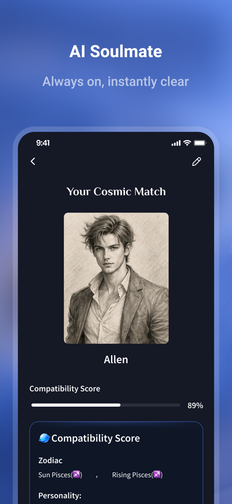 HealTalk - Text Reading - HealTalk mobile app screen showing an AI soulmate cosmic match profile with an 89 percent compatibility score