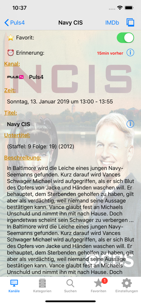 Detailed view of a TV program schedule in the German TV app showing show information and reminders.