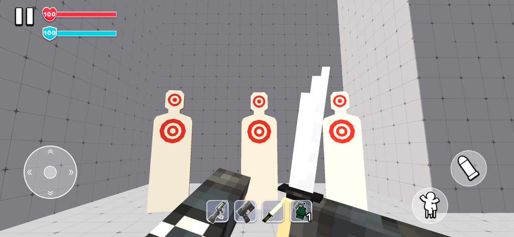 A first person view of a pixelated sword in a blocky training room with target dummies