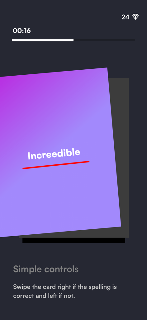 Spell Sense - Spell Sense mobile game screen showing a purple word card with swipe instructions for correct or incorrect spelling.