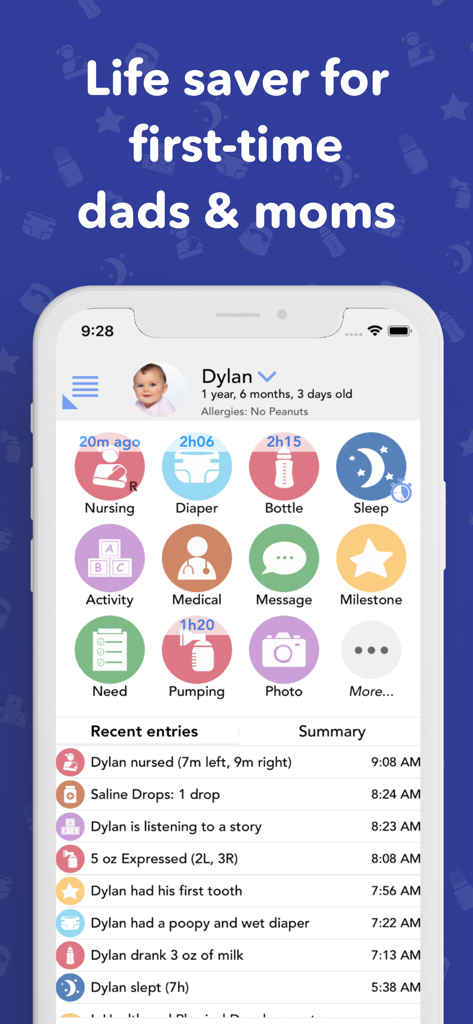 Mobile interface of the Baby Connect app showing baby activity tracking icons and a log of recent entries