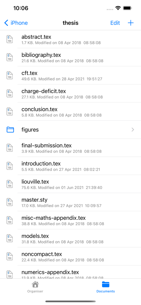 Texifier : LaTeX editor - List of LaTeX files for a thesis project in the Texifier app on iPhone
