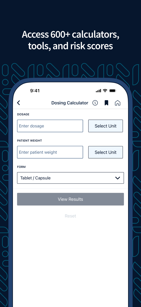 Epocrates medical app dosing calculator interface with fields for dosage and patient weight