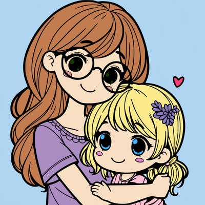 a older sister with glasses hugging her younger sister