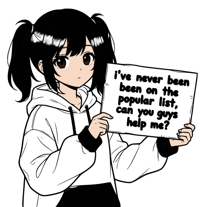 a cute anime girl with a sign saying  i’ve never been on the popular list, can you guys help me?