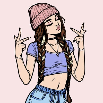 realistic teenage girl with braids and a beanie and crop top doing 🫶🏼