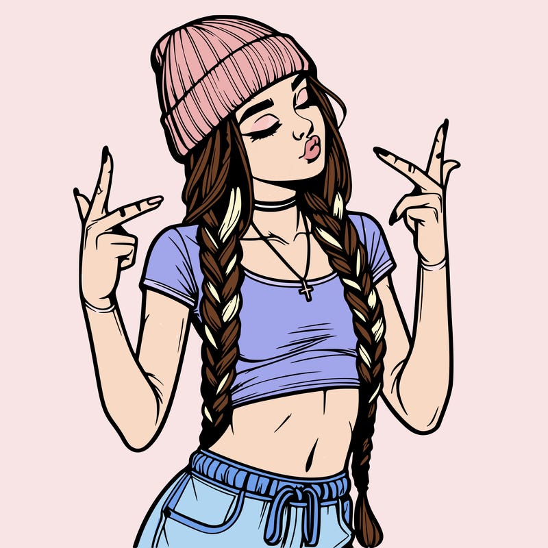 realistic teenage girl with braids and a beanie and crop top doing 🫶🏼