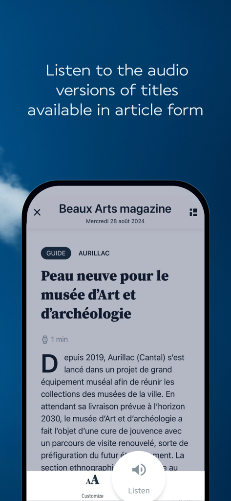 Air France Press app interface featuring an audio version option for digital magazine articles.