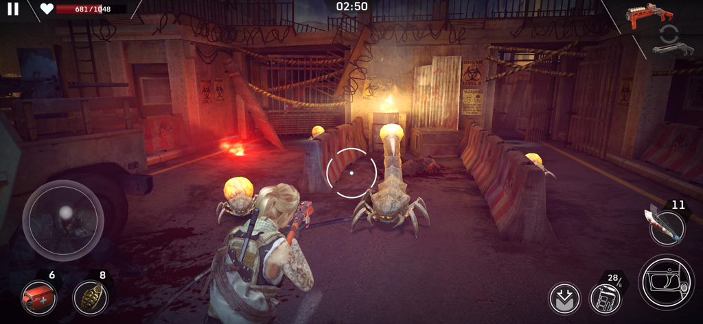 A female survivor character aiming a gun at glowing mutated monsters in a post-apocalyptic urban environment