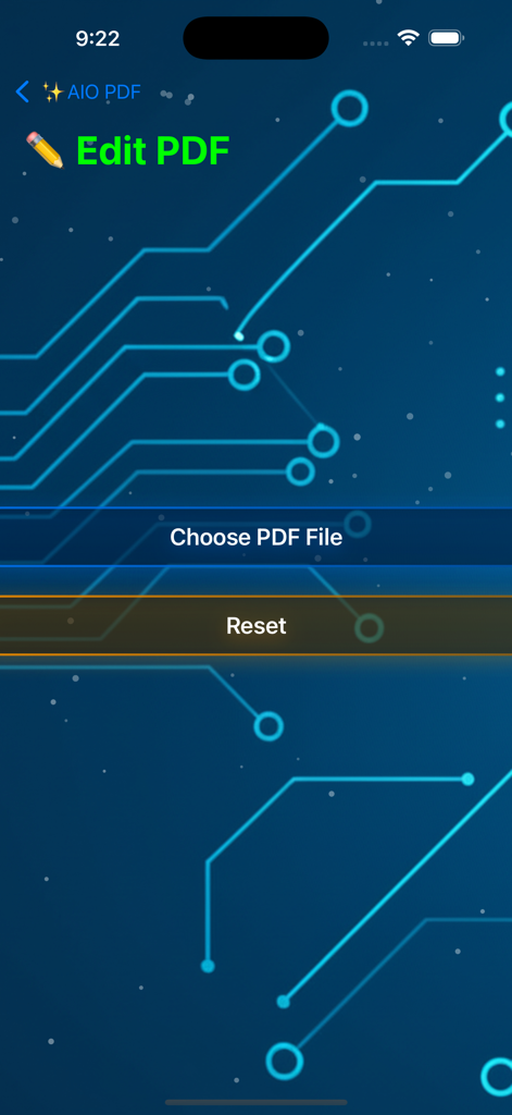 A mobile app screen for editing PDF files featuring buttons to choose a file or reset the action.