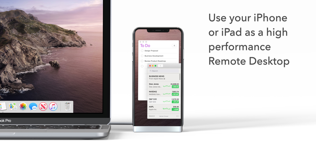 Duet Air - Remote Desktop - A MacBook Pro connected to an iPhone used as a high-performance remote desktop display showing a To-Do list and news.