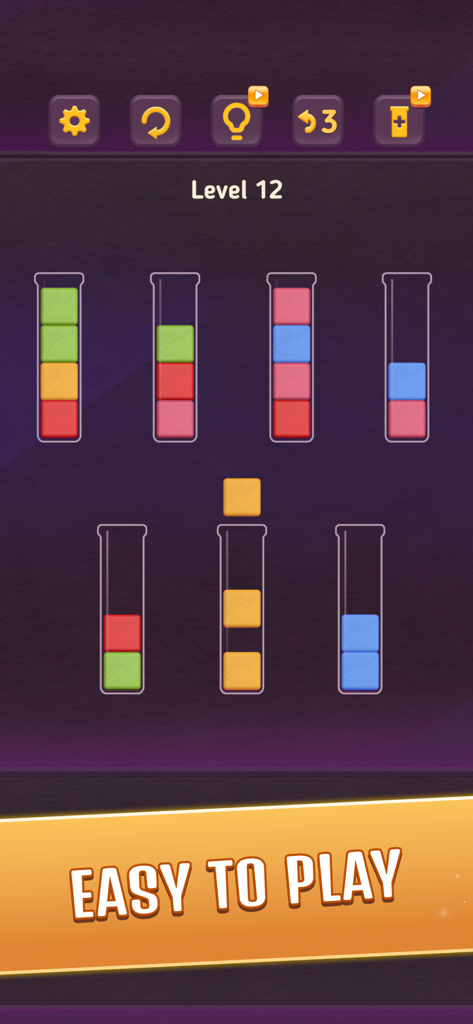 Block King Puzzle - Block King Puzzle gameplay showing a color sorting level with colored blocks in tubes and easy to play text