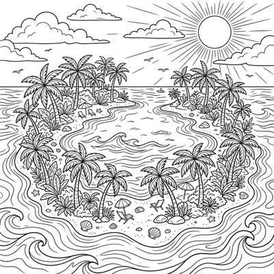 Immerse yourself in the tranquility of a tropical atoll with this delightful summer coloring page. Designed with clear lines, it offers a perfect artistic escape for seniors seeking relaxation.