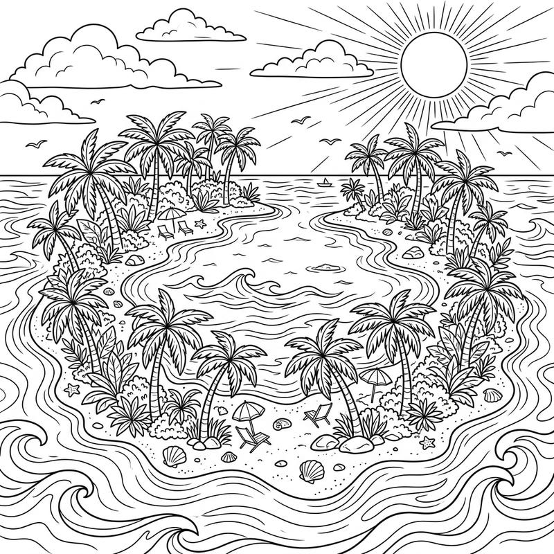 Immerse yourself in the tranquility of a tropical atoll with this delightful summer coloring page. Designed with clear lines, it offers a perfect artistic escape for seniors seeking relaxation.