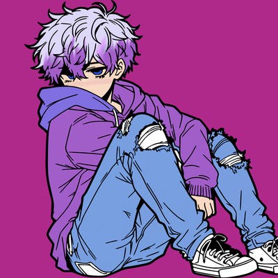 a male hoddie ripped jeans messy hair anime