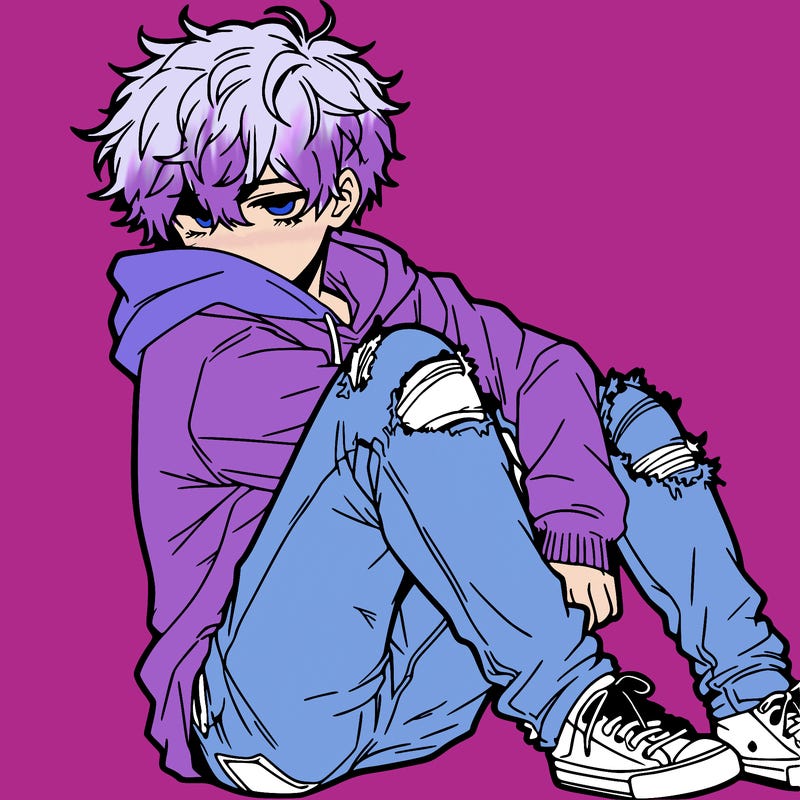 a male hoddie ripped jeans messy hair anime