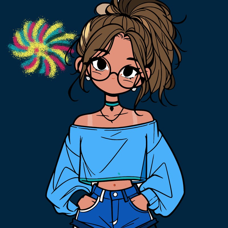 girl with a messy ponytail glasses a baggy crop top and jean shorts