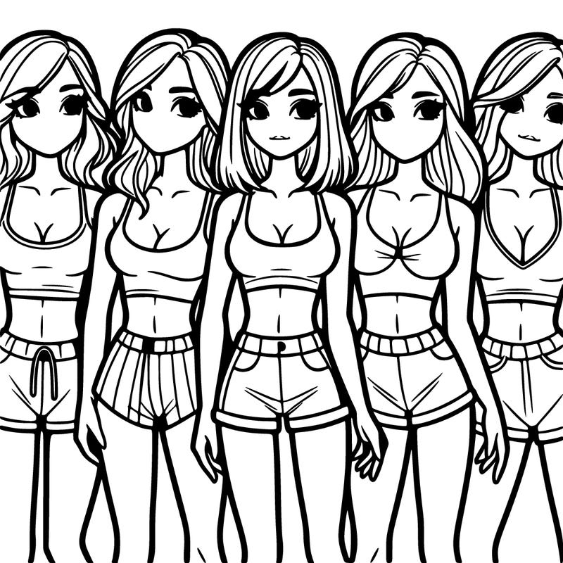 six girls in the line wearing crop top and shorts ￼