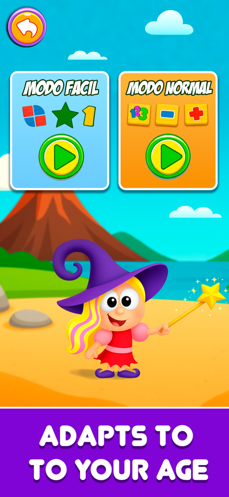 Pantalla de selección de dificultad en la aplicación Dino Tim que muestra los modos Fácil y Normal con un lindo personaje de bruja y el texto Se Adapta a Tu Edad.