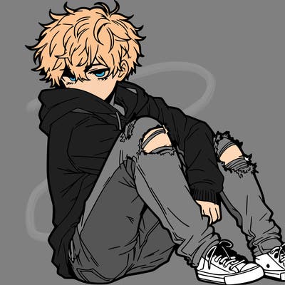 a male hoddie ripped jeans messy hair anime