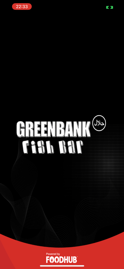 Greenbank Fish Bar mobile app splash screen with logo and Halal sign