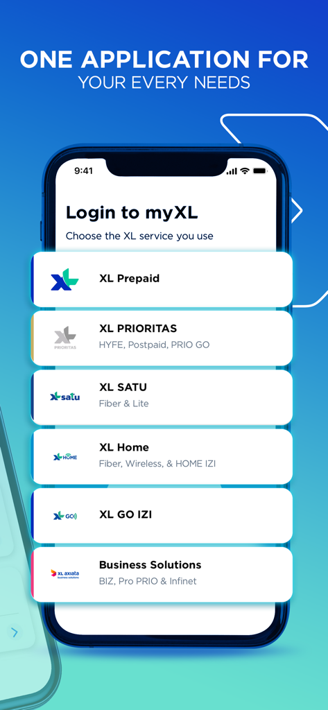 myXL–Cek Kuota & Beli Paket XL - Login screen for myXL app showing various telecommunication service options like Prepaid and Prioritas