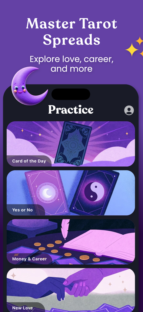 Tarot reading app interface showing different card spreads for love career and daily readings