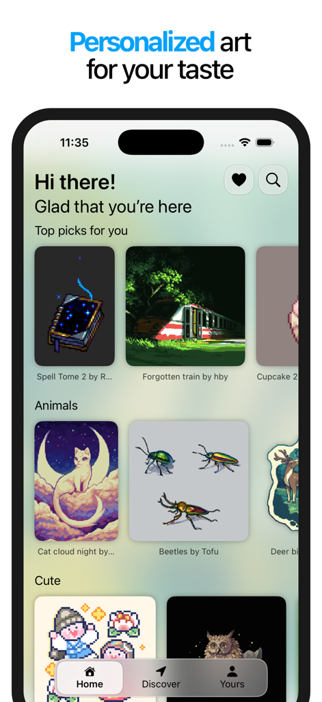 Pixquare app home screen showing a variety of pixel art categories like Animals and Top Picks for coloring.