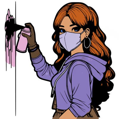 realistic girl with mask spray painting a wall