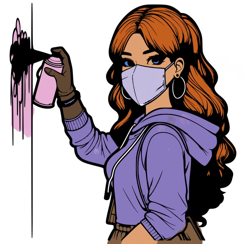 realistic girl with mask spray painting a wall