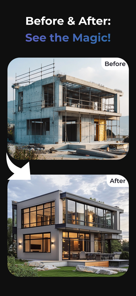 Una comparación de antes y después que muestra un edificio de concreto en construcción transformado en una casa de lujo moderna con grandes ventanales utilizando IA.