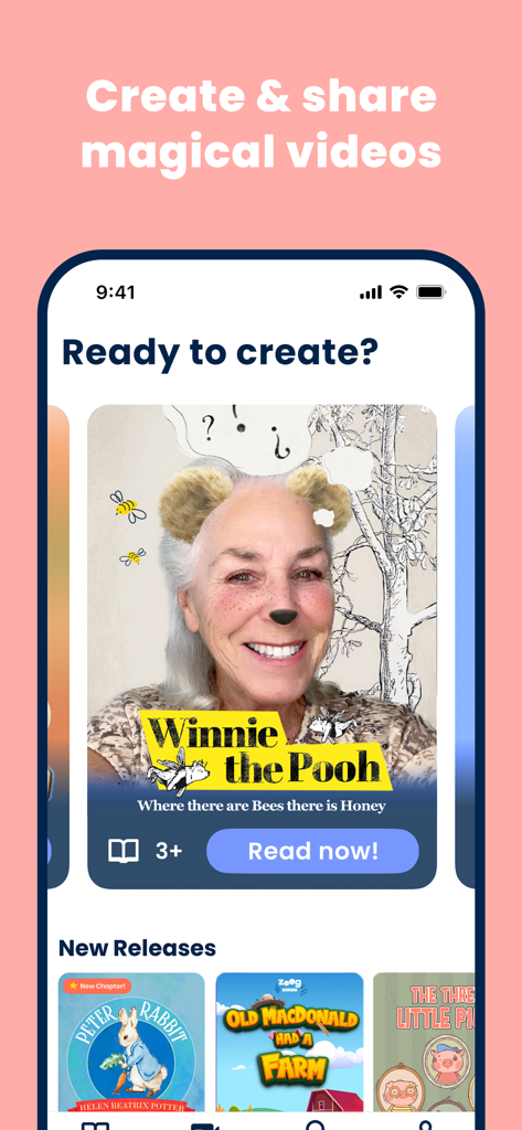 Zoog: Books, Songs, E-Cards - Grandmother using the Zoog app with an AR Winnie the Pooh filter to record a storybook video