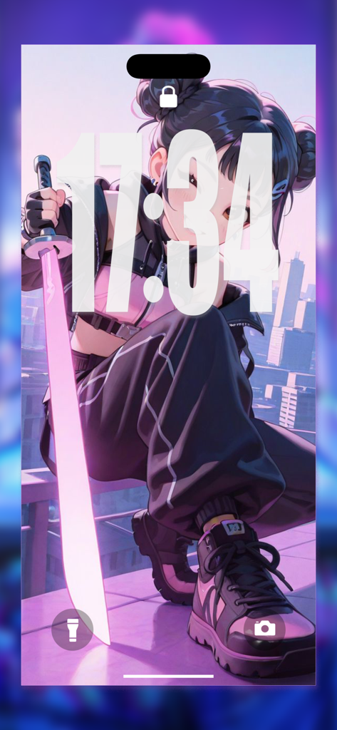 Personaje femenino estilo anime con una katana brillante rosa en un fondo de pantalla de bloqueo de la azotea de la ciudad.