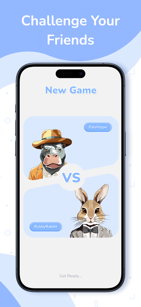 WordPix app screenshot showing a new game match screen between two players with animal avatars