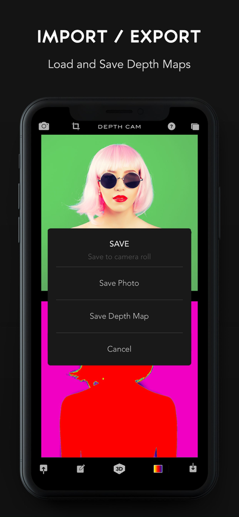 Depth Cam - Depth Editor - Depth Cam app interface showing options to save photo and depth map data