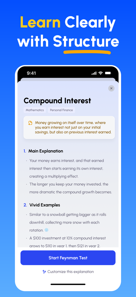 Una pantalla de teléfono inteligente que muestra una explicación estructurada del interés compuesto dentro de la aplicación Feynman AI.