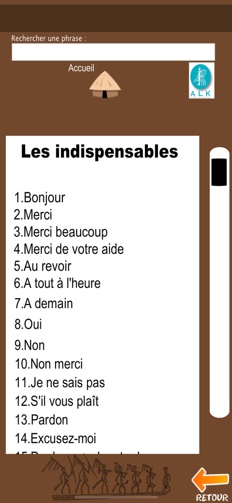 Screenshot of the Traducteur ALK app displaying a list of essential French phrases for translation.