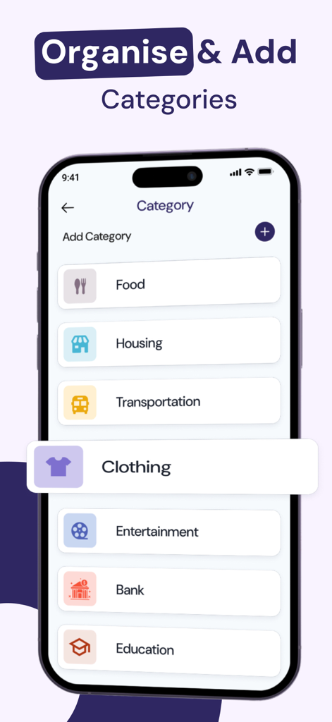 Smartphone screen showing customizable expense categories in the Smart Budget Planner app